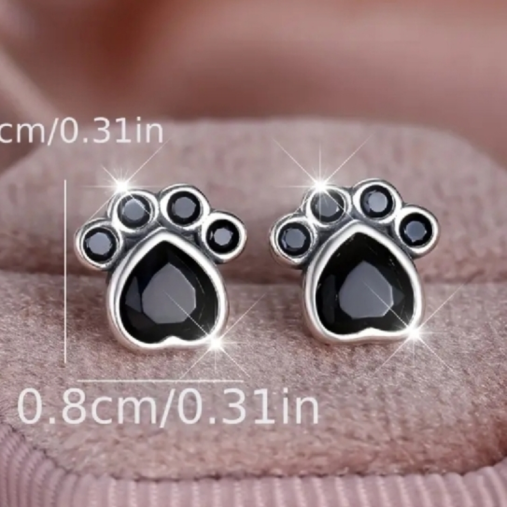 NEW Sterling Silver Paw Print Earrings with Black Accents - Picture 2 of 2